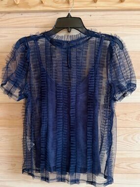 INC International Concepts Sheer Navy Ruffled Short Sleeve Top